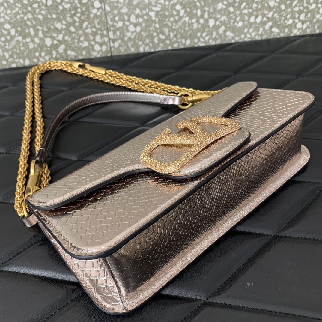 Valentino Garavani Loco Shoulder Bag in Gold Snake Grain Calfskin Leather